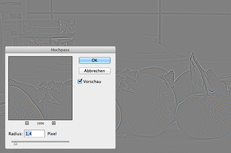 Schärfen mit dem Hochpassfilter bringt einen höheren Kantenkontrast.
