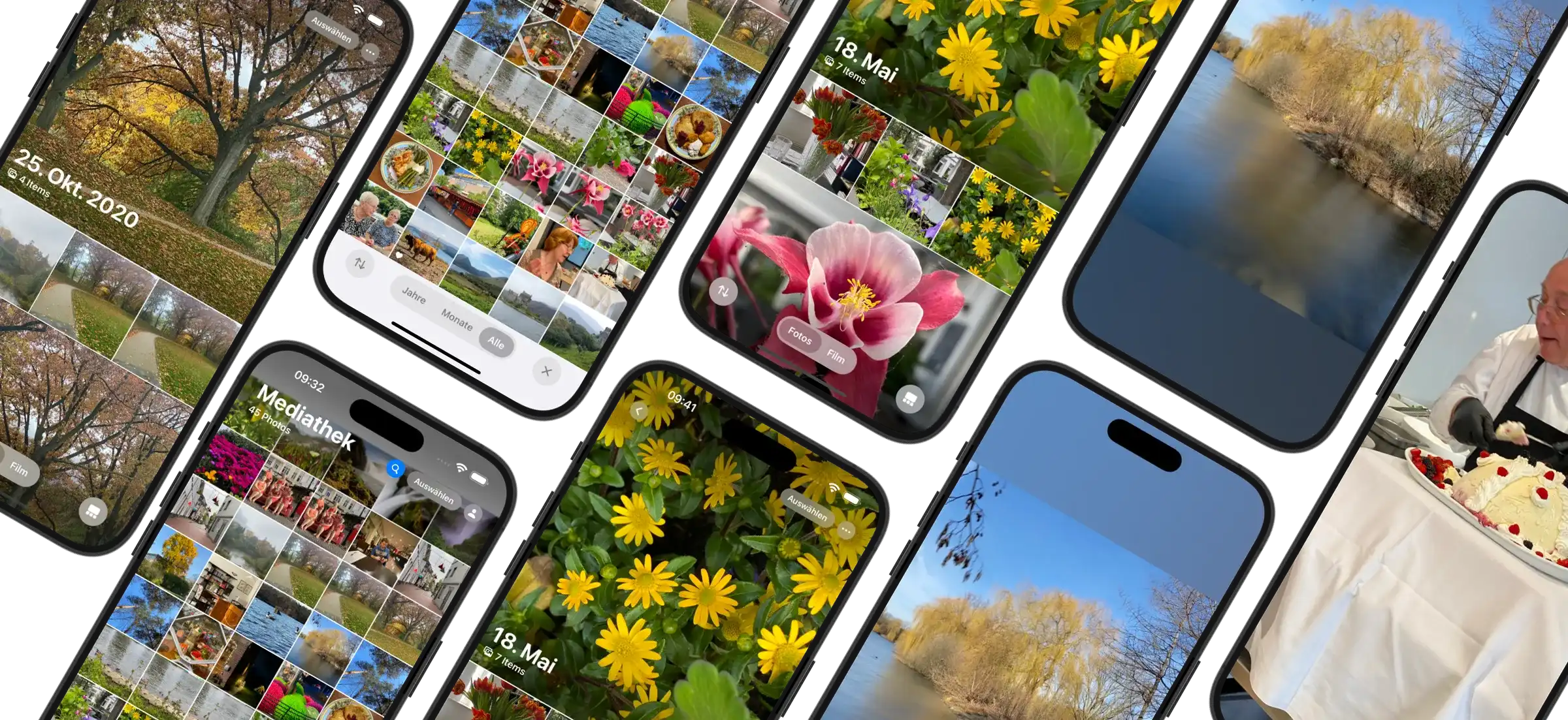 Zeigt Handys mit Alben und iPhone Mediathek